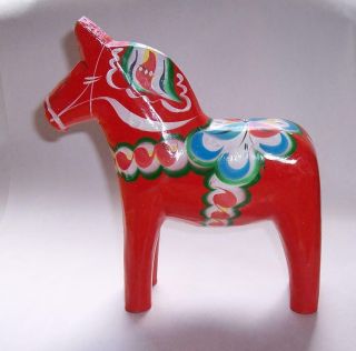 Vintage Large Swedish Wooden Red Dala Horse Hand Crafted By Nils Olson Folk Art