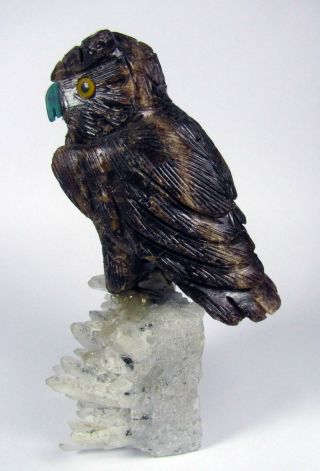 Owl Carving On Brown Aragonite With Chrysocolla On Quartzs Matrix From Peru.