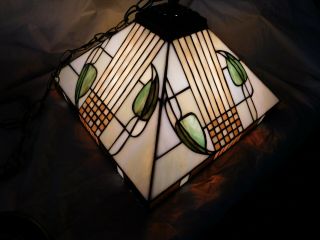Vintage Stained Glass Lead Mission Mid Century Light Fixture Chandelier Tiffany