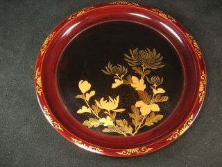 Antique 140 Yr Old Japanese Wooden Lacquer Floral Kashizara Appetizer Plate