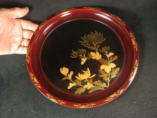 ANTIQUE 140 yr old JAPANESE WOODEN LACQUER FLORAL KASHIZARA APPETIZER PLATE 3