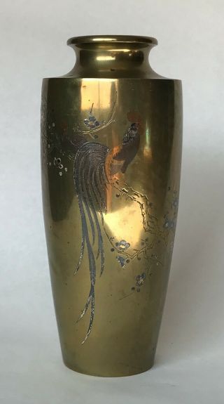 Tall Japanese Nogawa Bronze Mixed Metal Inlaid Vase Signed Koushuu 9 1/2 "