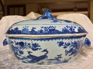 Chinese Large Antique Tureen Blue White 18th C Porcelain