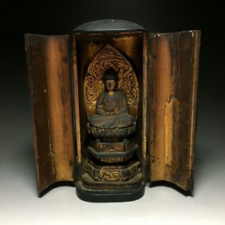 Old Japanese Japan,  Buddhism Wooden Buddha Statue Syaka & Zushi Box 20.  5cm　申