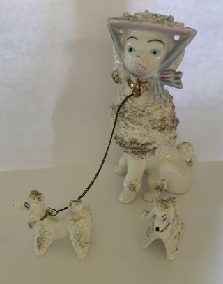 Vintage White Poodle Dog Ceramic Figurine Set Spaghetti Mom With 2 Baby Pups