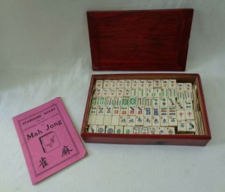 Antique Chinese Boxed Set Of Mah Jong Tiles With Instructions,  Dice & Counters