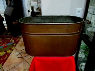 Vintage Antique Primitive Copper Wash Tub Boiler With Wood Handles