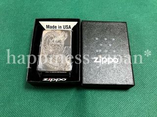 Zippo Oil Lighter Dragon Silver Brass Japanese Style Etching Regular Base F/S 2