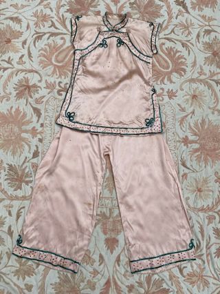 Antique 1920s Chinese Cheongsam Pajamas Set Pink Silk Ponku Art Deco Vintage 2