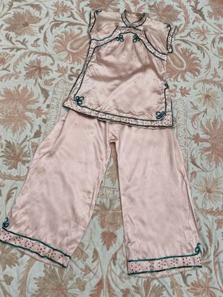 Antique 1920s Chinese Cheongsam Pajamas Set Pink Silk Ponku Art Deco Vintage 3