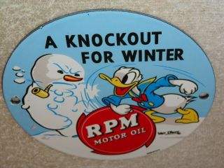 Vintage " Rpm Motor Oil Donald Duck " 6 " Porcelain Metal Walt Disney Gasoline Sign