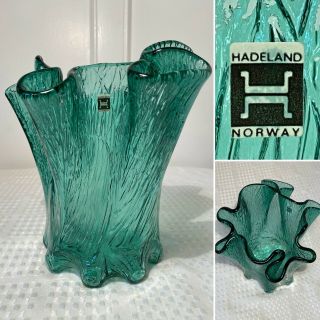 Vintage Mid - Century Hadeland Green Art - Glass Furu Large Handkerchief Vase Norway