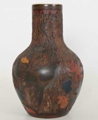 Japanese Totai Shippo Cloisonne On Ceramic Vase Tree Bark Bird Flowers Meiji 19c