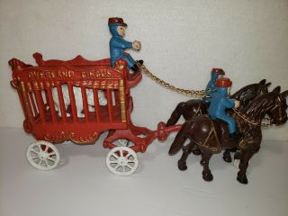 Vintage Cast Iron - Overland Circus Wagon With 3 Men,  2 Horses And Polar Bear