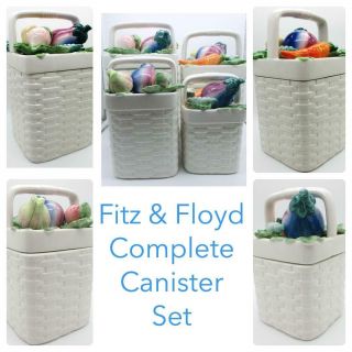 Vintage Fitz & Floyd 4 Sizes Ceramic Vegatable Garden Woven Basket Canister Set