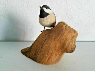 Wood Carved Chickadee On Driftwood