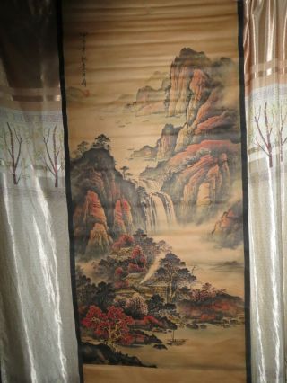 Chinese Hand Ink Painting Scroll Maple Mountain Landscape River Boat