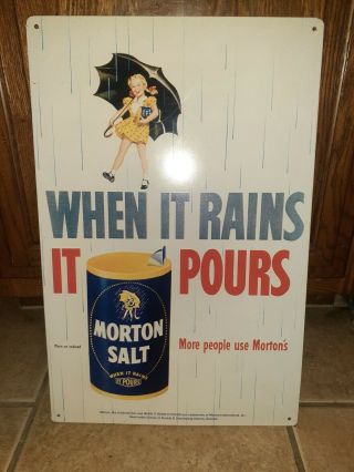 Vintage Morton Salt Enamel Metal Sign When It Rains It Pours Morton