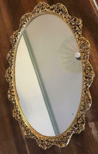 Vintage Large Matson 21” Vanity Mirror Ornate 24k Gold Plated Rose Leaf Border