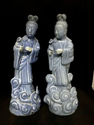 Two Antique Chinese Porcelain Clair De Lune Blue Glazed Figurines