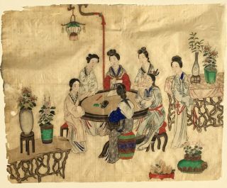 Antique Chinese 19th C.  Qing Dynasty Painting On Silk - Noblewomen