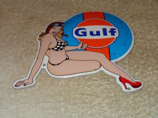 Vintage Gulf Gasoline Bikini Pin Up Model 7 " Porcelain Metal Car Gas & Oil Sign