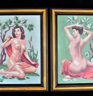 Vintage Paint - By - Number Nude 1955 Matched Pair 12x16 Mid Century Picture Frame