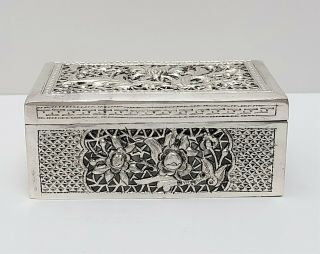 Antique Chinese Export Sterling Silver Box Cricket Cage Reticulated w Flowers 3