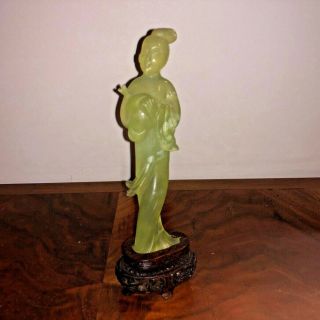 Antique Chinese Light Green Jade Carved Statue Of Woman