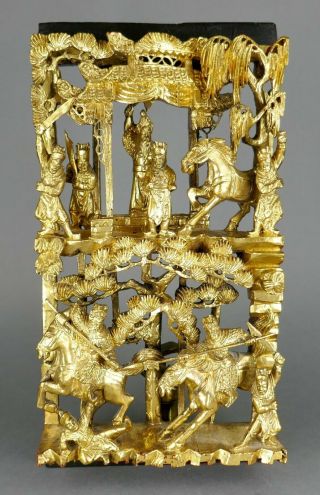 Fine Antique Chinese Carved Wood Gold Gilt Warrior Horseback Wall Panel Plaque