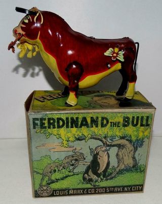 Disney1938 " Ferdinand The Bull " Lithographed Tin Wind - Up Toy By Marx - Ex Boxed Set