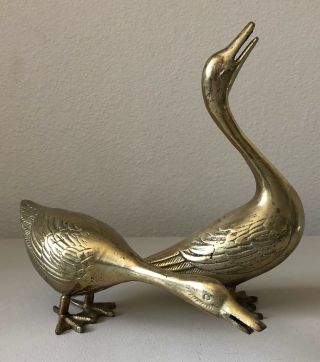 Pair Solid Brass Geese Goose Swan Bird Figurines Made In Taiwan
