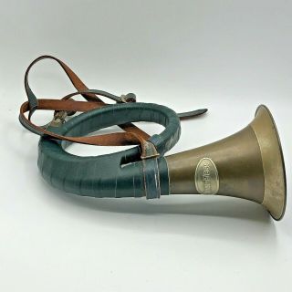 Vintage German Furst - Pless Brass Hunting Bugle Horn With Green Leather Banding