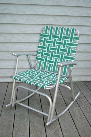 Vintage Lawn Chair Rocking Mid Century Aluminum Green White Webbing Folding Evc