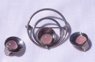 Vtg N.  E.  From Denmark Sterling Silver Pin/brooch Earrings Modernist Rose Quartz