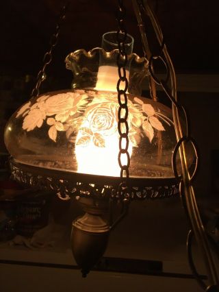 Vintage Hurricane Swag Hanging Lamp With Amber Glass Etched Roses