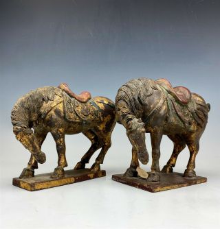 Pr Chinese Export Gold Gilt Painted Wooden Equestrian Horse Wood Figurines Jqf