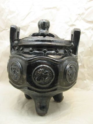 Antique Chinese Black Glazed Ceramic Incense Burner Censer With Taoist Symbols