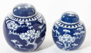 Chinese Antique Qing Dynasty,  Two Blue Prunus Lidded Ginger Jars,  1900