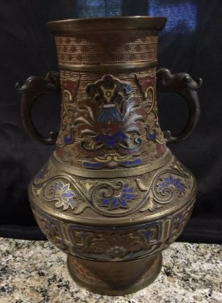 Antique Japanese Bronze Champleve Cloisonne 9 1/2” Vase Shape