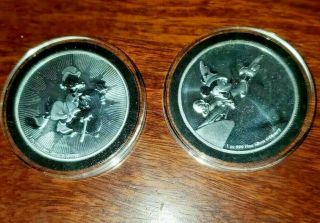 2 Disney.  999 Pure Silver Coin 1 Oz Medallions Scrooge Mcduck & Fantasia Sorcerer