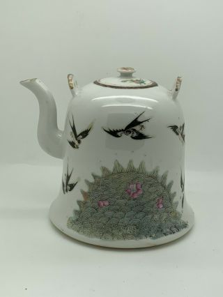 Chinese Antique Porcelain Teapot Bird Butterfly Flower Missing Handle 2