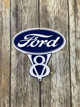 Vintage " Ford V8 Cars & Trucks " 8 " Porcelain Metal Gasoline & Oil Door Moto Sign