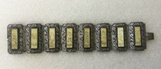 Antique Chinese Export Silver Carved Painted 8 Panels Linked Bracelet.  50 Grams