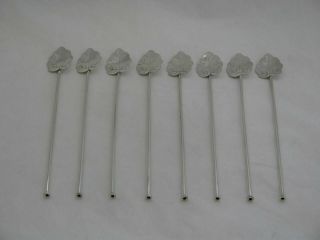 Set 8 Vintage Mexico Sterling Silver Sipping / Stirring Spoons W/ Leaf Bowl Ae35