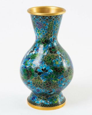 Antique Chinese Brass And Enamel Cloisonné Vase Blue & Green Floral 10 " Tall
