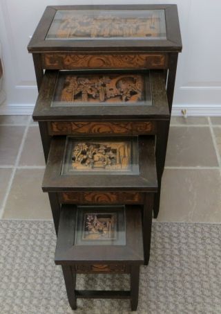 Four Antique Asian Chinese Hand Carved Quartetto Nesting Tables With Glass Tops