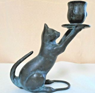 Vintage Cast Iron Black Cat Candle Holder With Primitive Candle