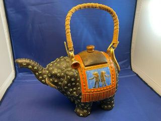 Elephant Tea Pot With Wicker Handle Made In Japan