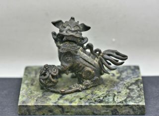 Exquisite 500 Years Old Antique Chinese Ming Dynasty Bronze Fu Dog Marble Stand